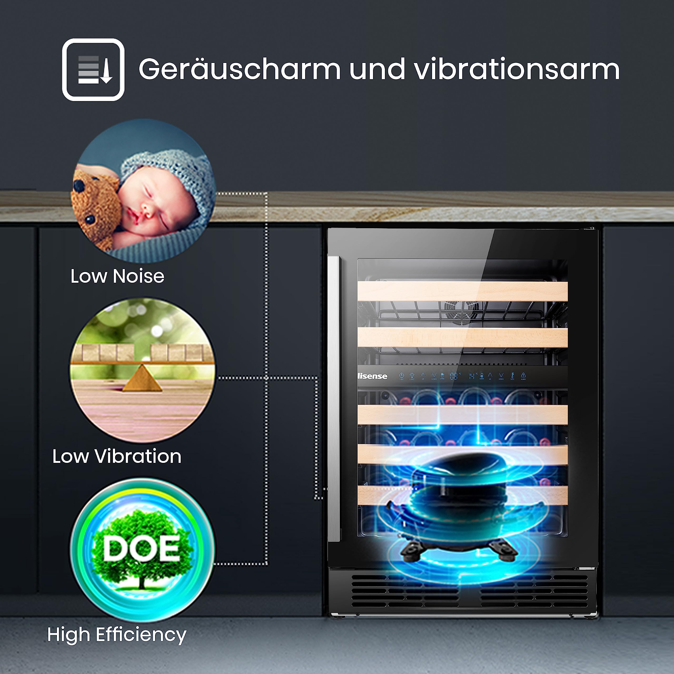 Hisense RW17W4NWLG0 Weintemperierschrank, Kapazität bis zu 46 Flaschen, Glastür mit UV Schutz, LED Innenbeleuchtung, Türanschlag wechselbar, schwarz
