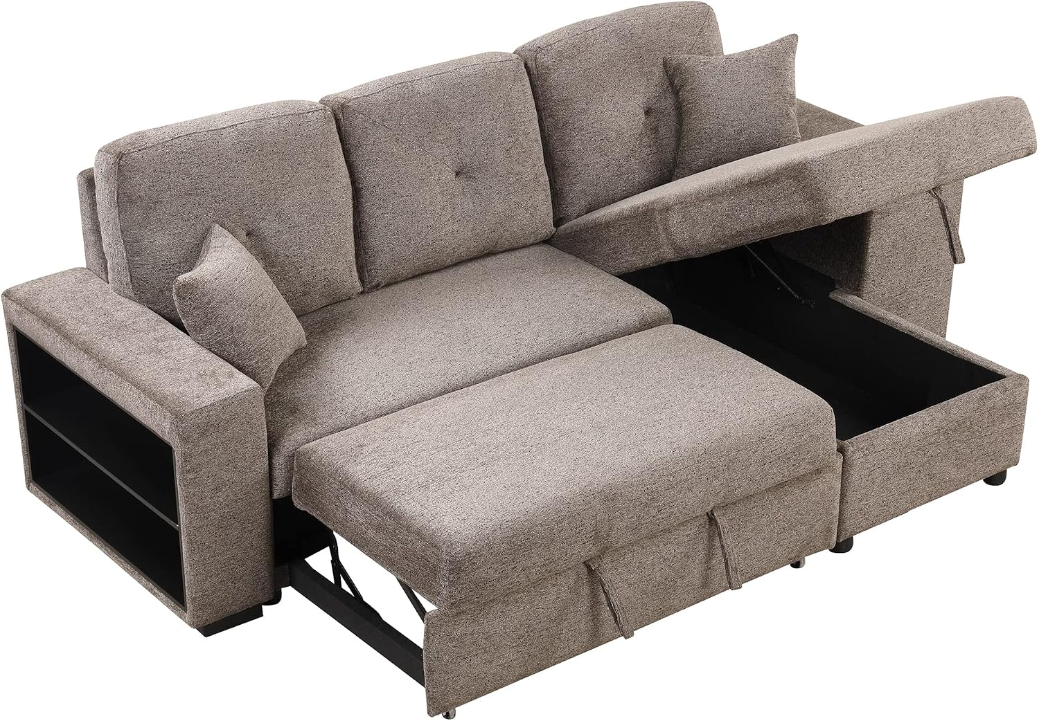 kevinplus 95'' Velvet Sectional Sleeper Sofa Couch with Storage Chaise Lounge & Stools for Living Room, Modern L-Shape Tufted 3-Seat Pull-Out Sofa Bed for Apartment, Knox Charcoal
