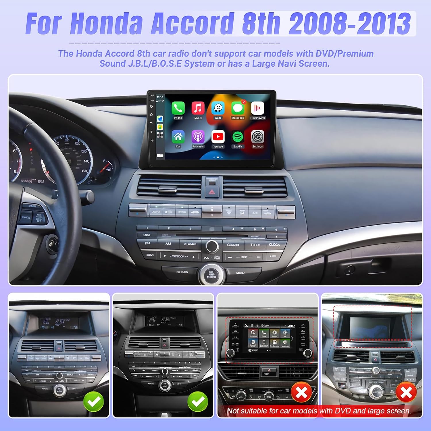 Leadfan Car Radio Stereo for Honda Accord 8th 2008 2009 2010 2011 2012 2013 Upgrade 10.1 Inch Touch Screen Wireless CarPlay Android Auto with Bluetooth GPS Navi WiFi FM SWC Backup Camera, 2G+32G