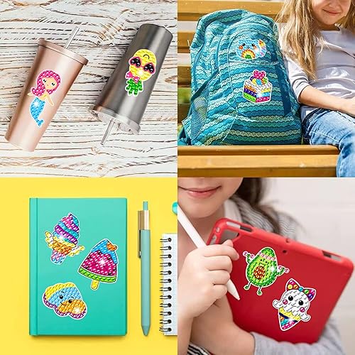 Miniatura 7 de MEIEST Juego de 33 calcomanías de pintura de diamantes para niños con caja, calcomanías de mosaico de gemas de unicornio de sirena, pintura por