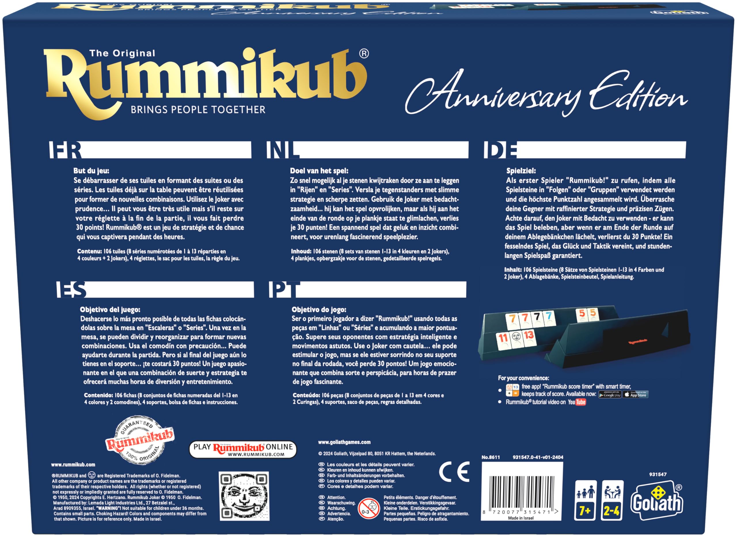 RUMMIKUB - Edycja rocznicowa edycja 45-letnia - Luksusowa gra planszowa dla dzieci i dorosłych od 7 lat - gra towarzyska dla 2-4 graczy - zawiera 106 kamieni - 20/40 min