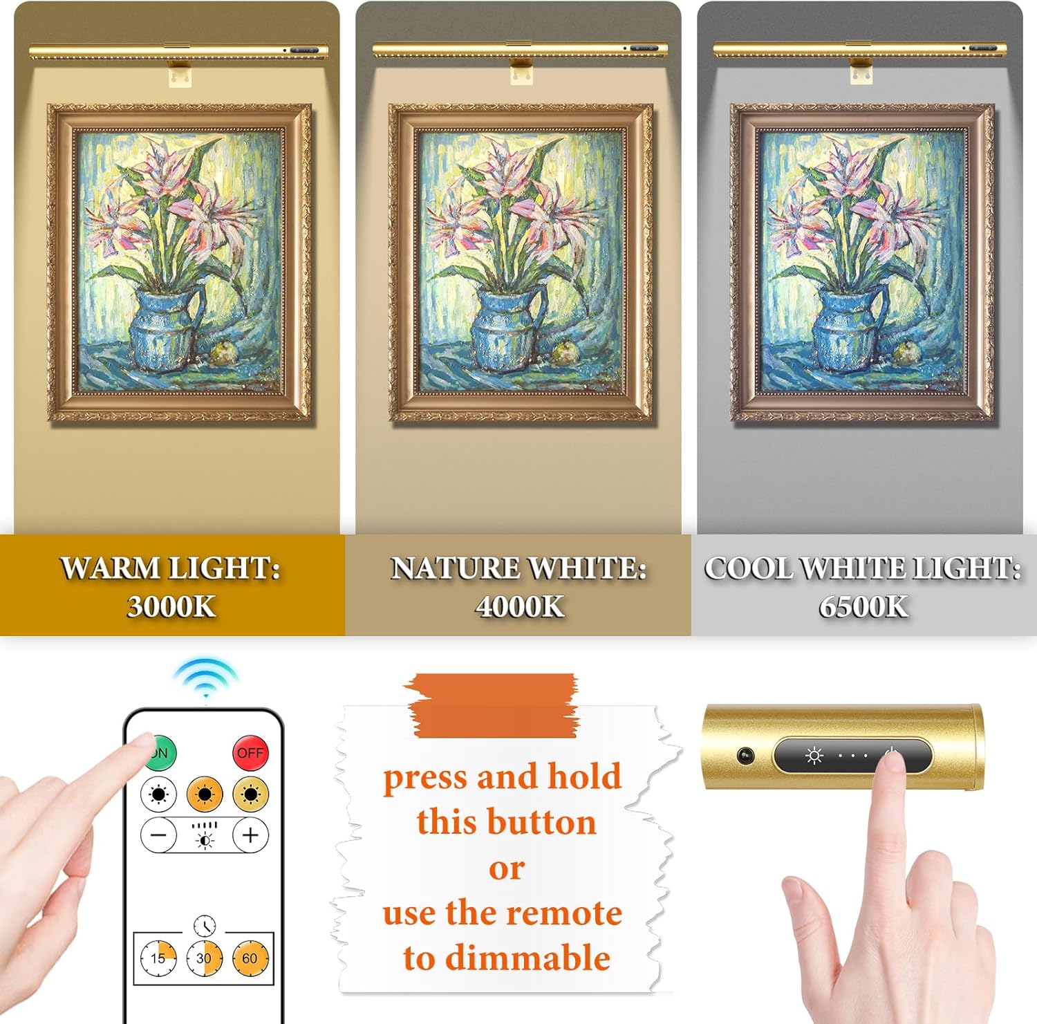 Wireless Picture Light, Battery Operated LED Painting Lights with Remote Control, Dimmable, Timer for Art Frame (Gold-19.7inch)