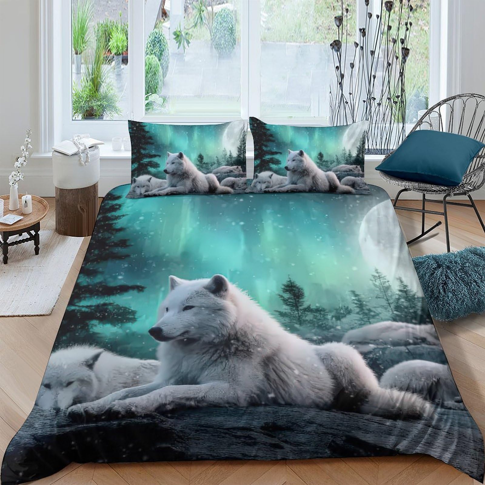 Ctjqhvkz Style-2 3D Printed Arctic Wolf Fitted Sheet Microfiber Soft Breathable Northern Lights Bed Cover For Bedroom Dorm Decor Mattress Protection Single（135X200cm）