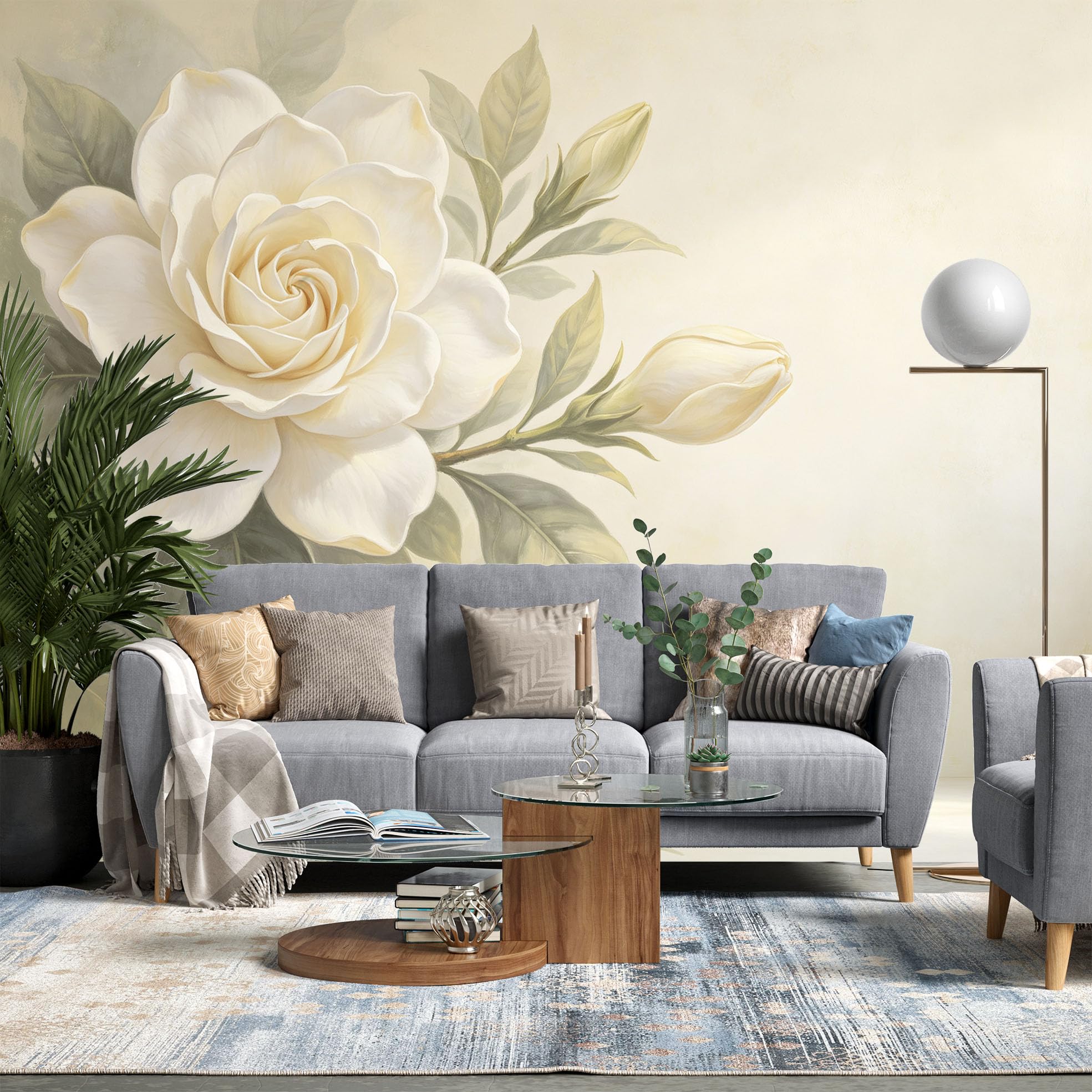 Papier Peint Fresque Murale Panoramique Intissé À Motif Floral Gardénia Blanc Grand Format 210 x 150 cm Style Peinture À L'Huile Décoration Murale Moderne pour Salon Ou Chambre.
