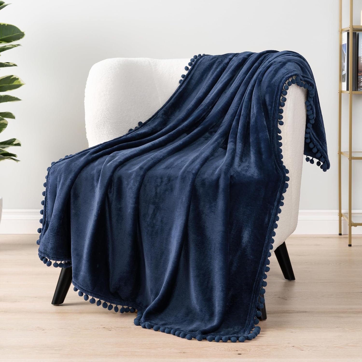 PAVILIA Fleece Throw Blanket for Couch with Pom Pom Fringe, Navy Blue, Soft Cozy Fuzzy Flannel Blanket for Sofa Bed, Lightweight Plush All Season Throw, 50x60 Inches
