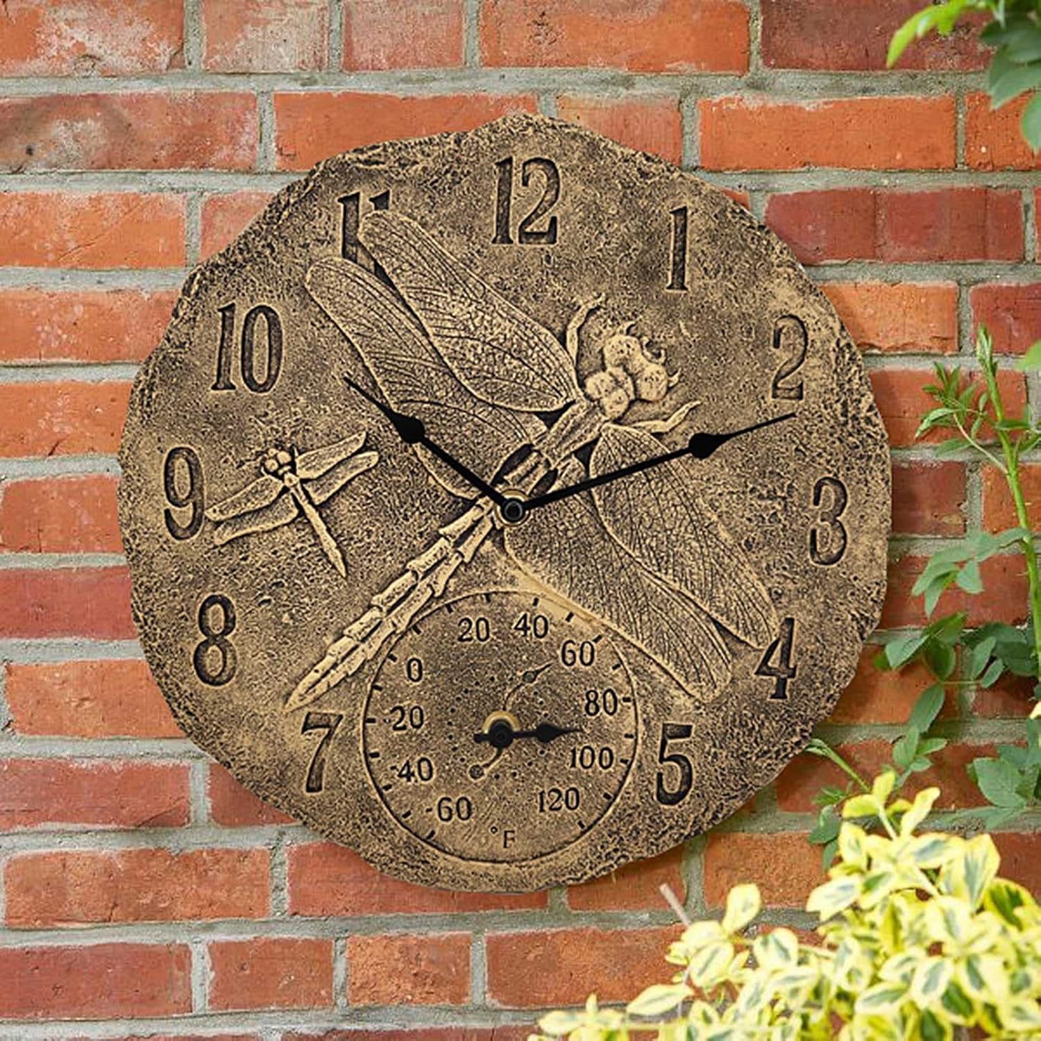 Indoor Outdoor Clock Bronze Effect Dragonfly Garden Wall Clock, 12 Inch Large Waterproof Proof Wall Clocks Thermometer Battery Operated Retro Resin Ornaments for Home Patio Pool Farmhouse Decorative