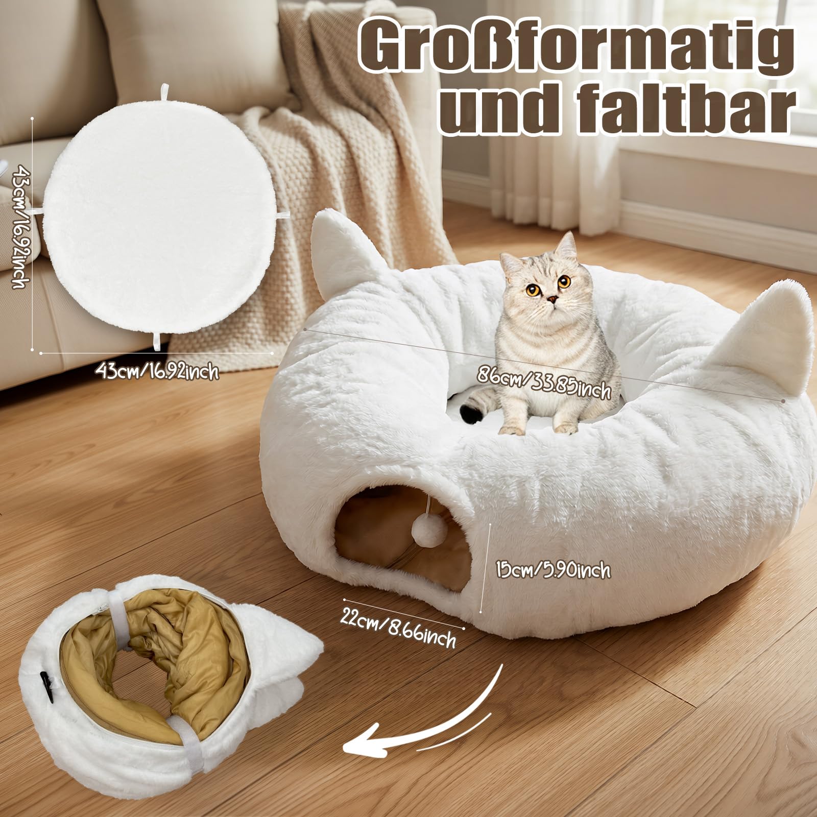 Katzentunnel Rund Weiß mit Katzenbett, Weicher Plüsch Katzen Donut Tunnel Spielzeug mit Waschbarem Kissen, Peekaboo Katzenhöhle Spieltunnel XXL für Indoor Katzen & Haustiere
