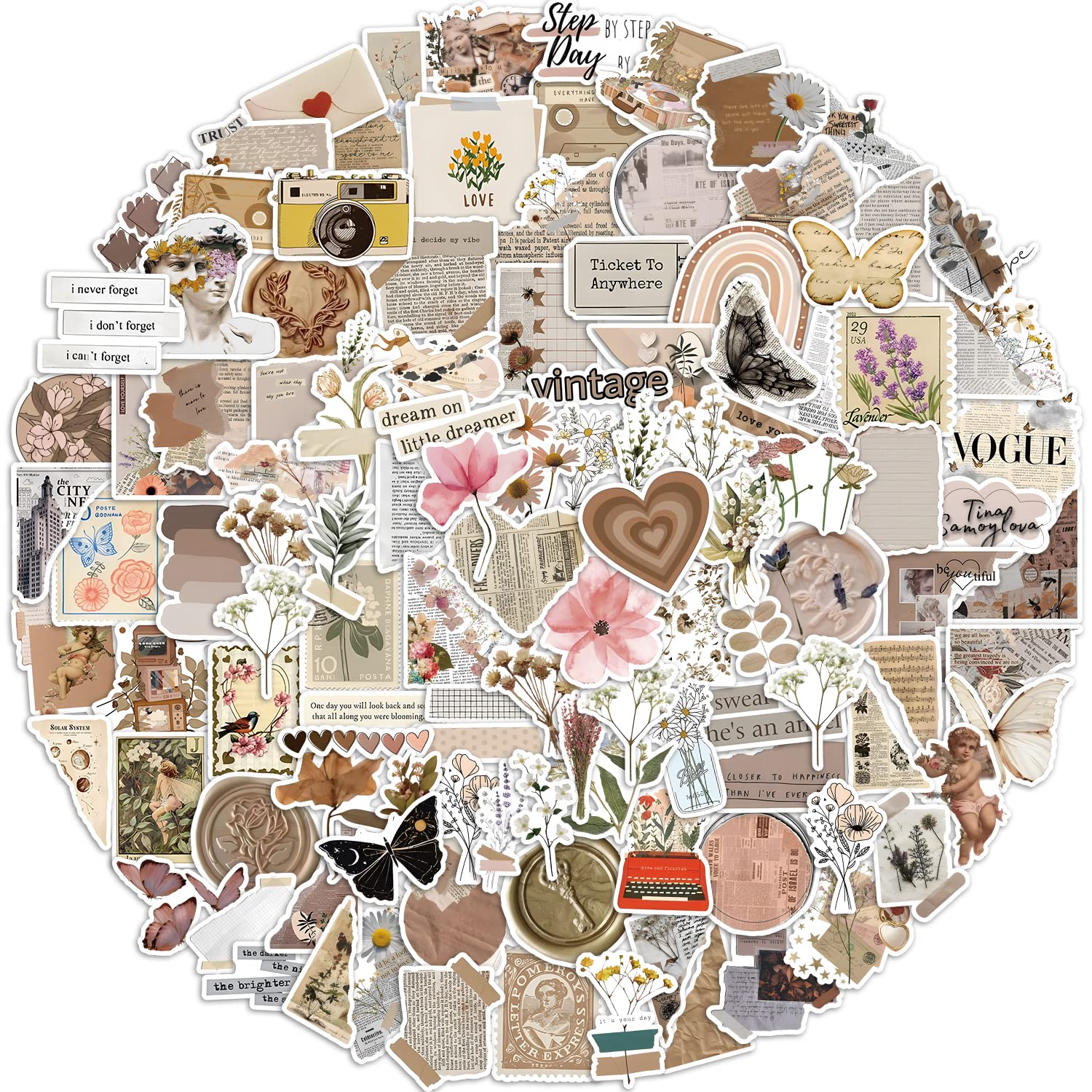 Amitorfo 120 Pcs Vintage Aesthetic Stickers, Neutral Beige Scrapbook & Journal Stickers