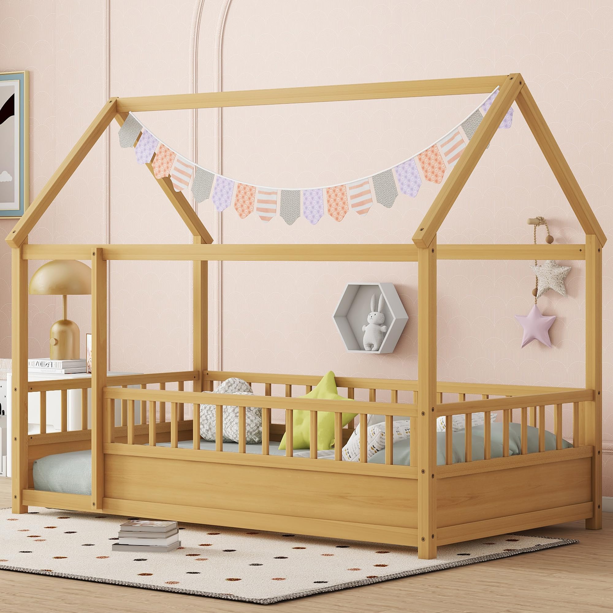 BellemaveMontessori Bed Twin Size, Twin Floor Bed with High Fence, House Beds for Kids, Girls, Boys, Easy Assemble Montessori Floor Beds, Natural
