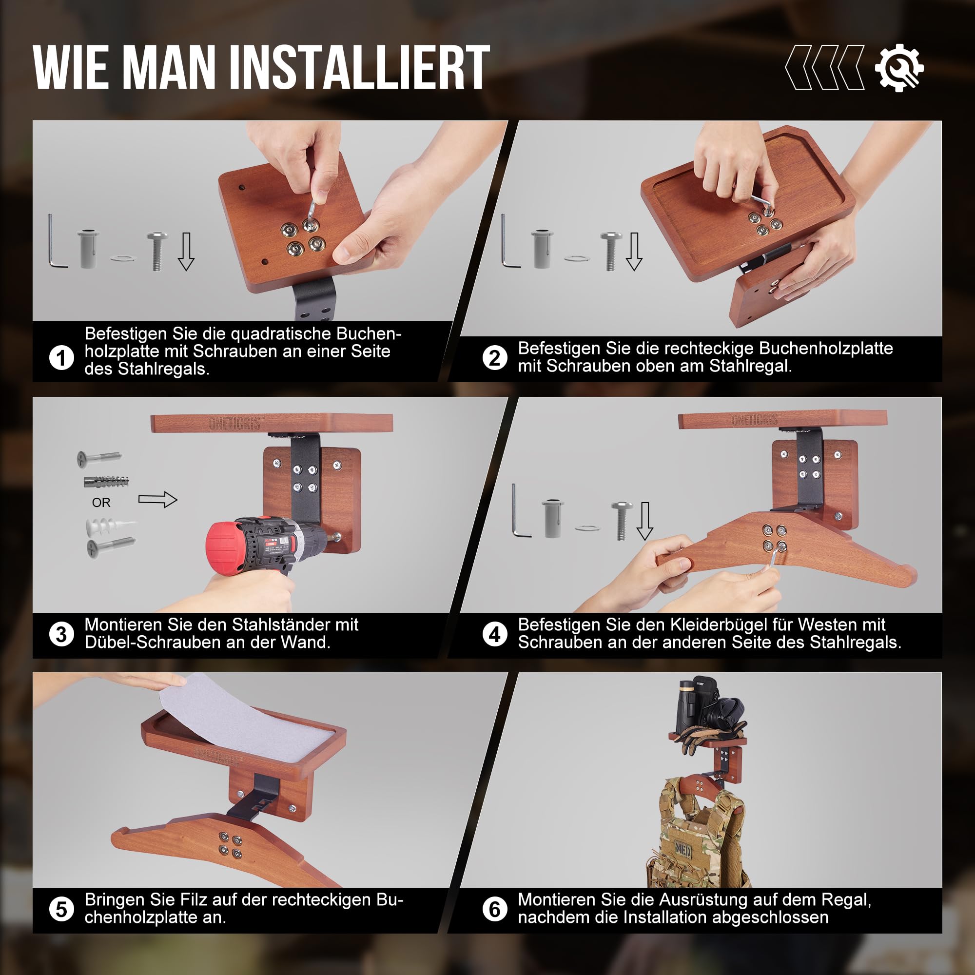 OneTigris Taktische Weste Halterung Wand 09, Wandhalterung Motorrad Garderobe für Helm Plattenträger, vielseitiger Wandorganizer für Motorrad-, Fußball- und Radfahrerausrüstung