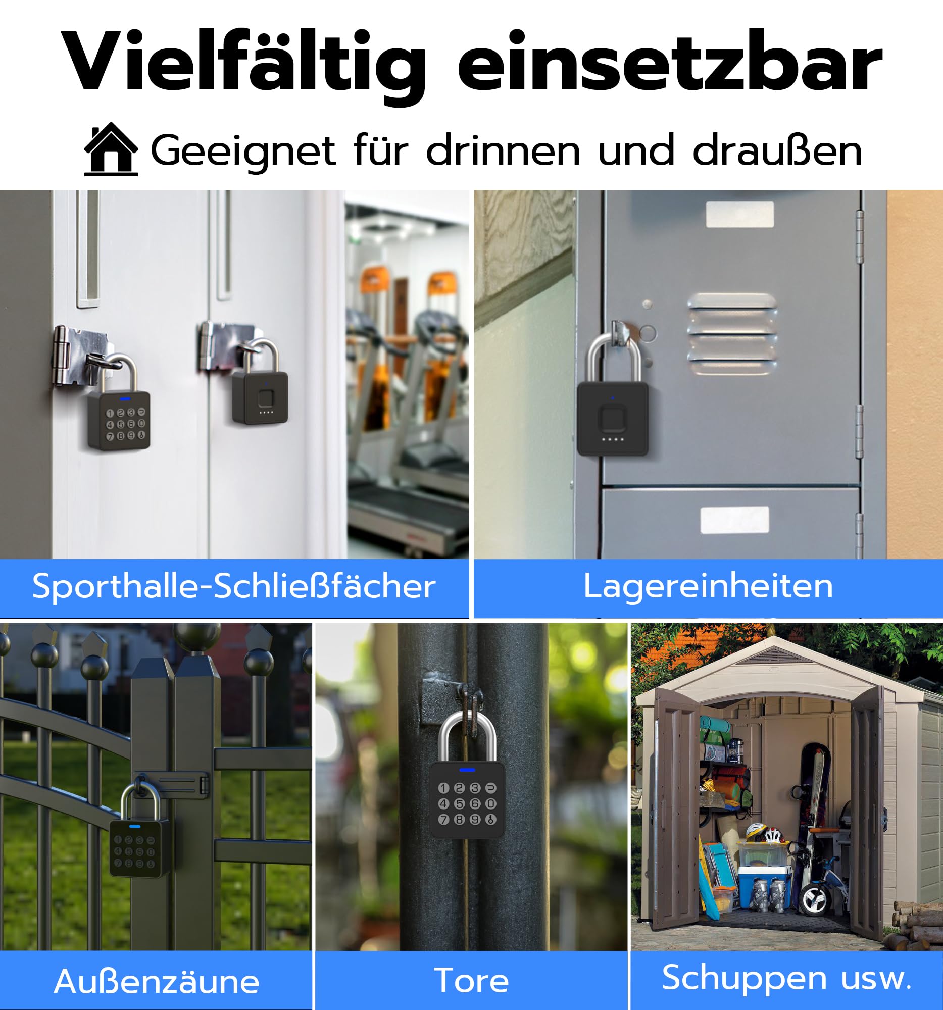 Elektronisches Vorhängeschloss mit Fingerabdruck & PIN, IP65 Wasserdichtes Smart Bluetooth Schloss mit App, USB-C Aufladung, Robust für Gartentor, Garage, Spind