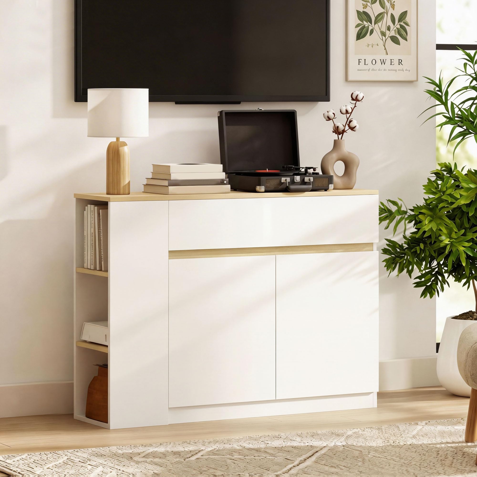 HOMCOM Buffet, Meuble de Rangement, avec Placard 2 Portes, étagère réglable, 2 tiroirs, 3 étagères Ouvertes, 110 x 29,5 x 82 cm, pour Salle à Manger, Salon, Cuisine, Blanc