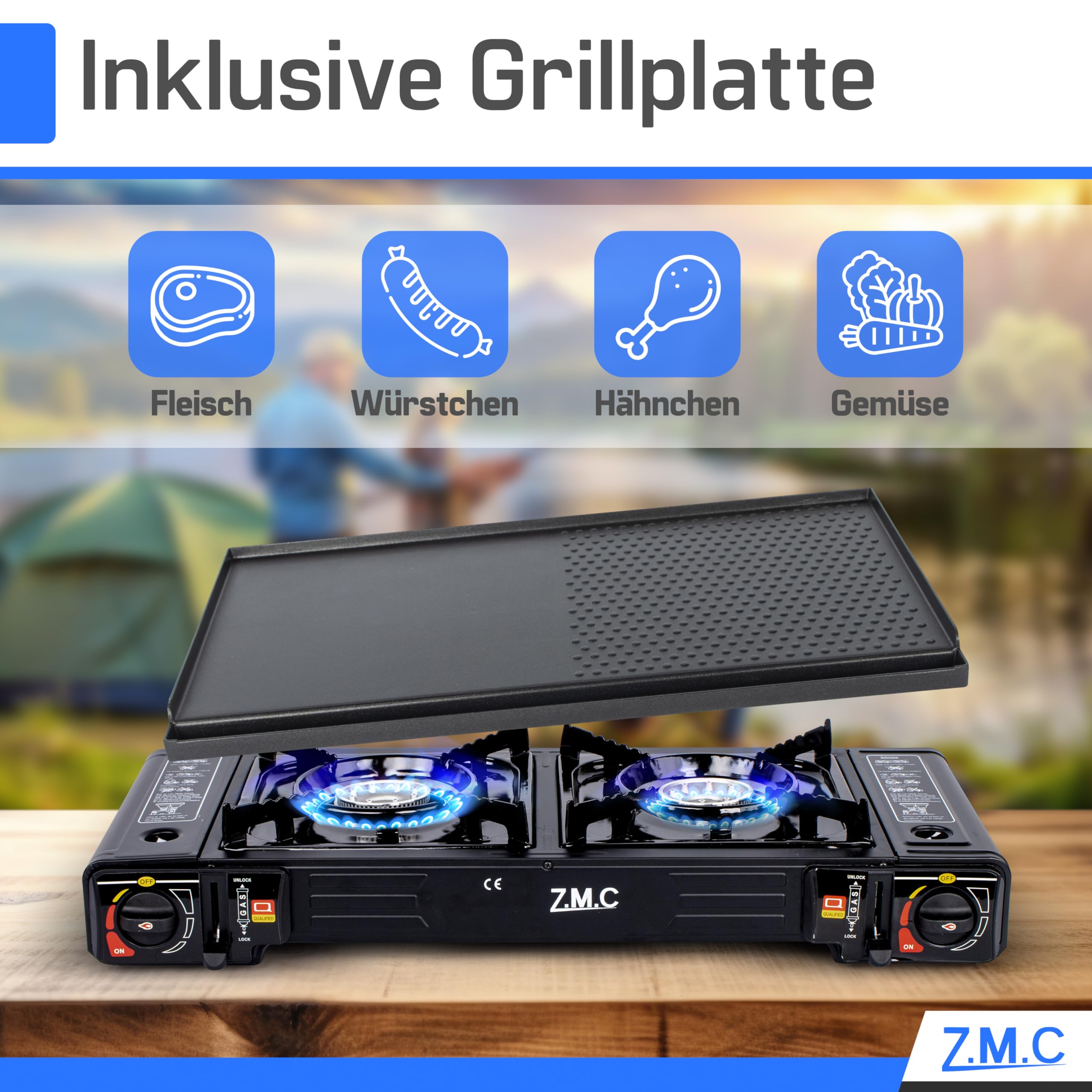 Z.M.C ZMC - Fornello a gas da campeggio, a 2 luci, con adattatore per connettore LPG + piastra 45 x 24 cm + 8 cartucce di gas da 227 g, fornello da campeggio con accensione piezoelettrica