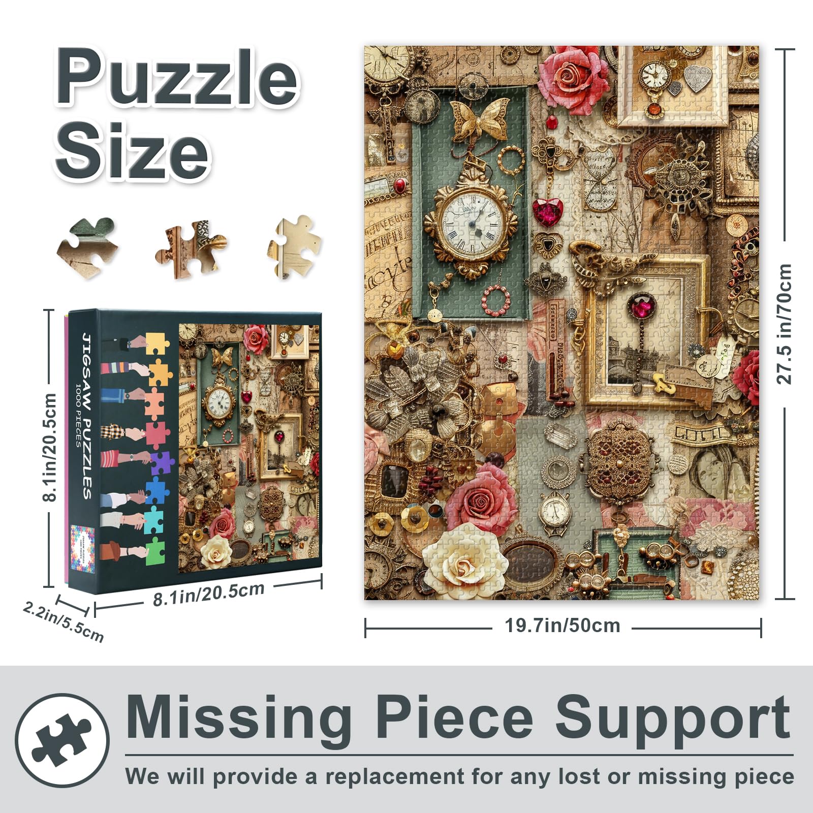 Vintage Jigsaw Puzzles for Adults 1000 Pieces, Retro Background with Old Books, Watches, Hearts and Other Items Puzzle - Image 3