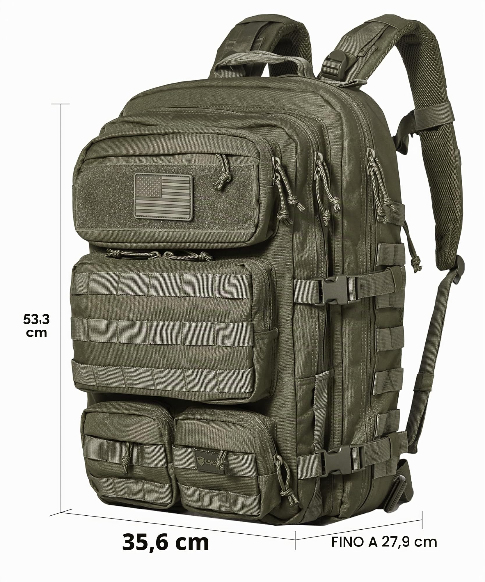 Falko, Zaino tattico per uomo e donna, 50 litri, 2,4 volte più resistente, grande zaino militare Molle, zaino di sopravvivenza per attività all'aperto, Ranger Green, Large