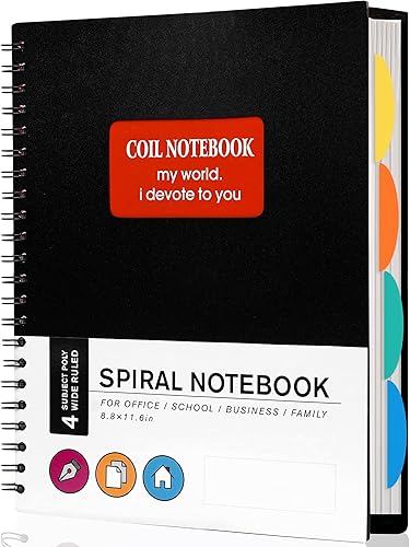 Cuaderno de espiral encuadernado con 5 divisiones, forrado A4 de 8.8 x 11.6 pulgadas, tapa dura de polipropileno, renglones anchos, para estudiantes