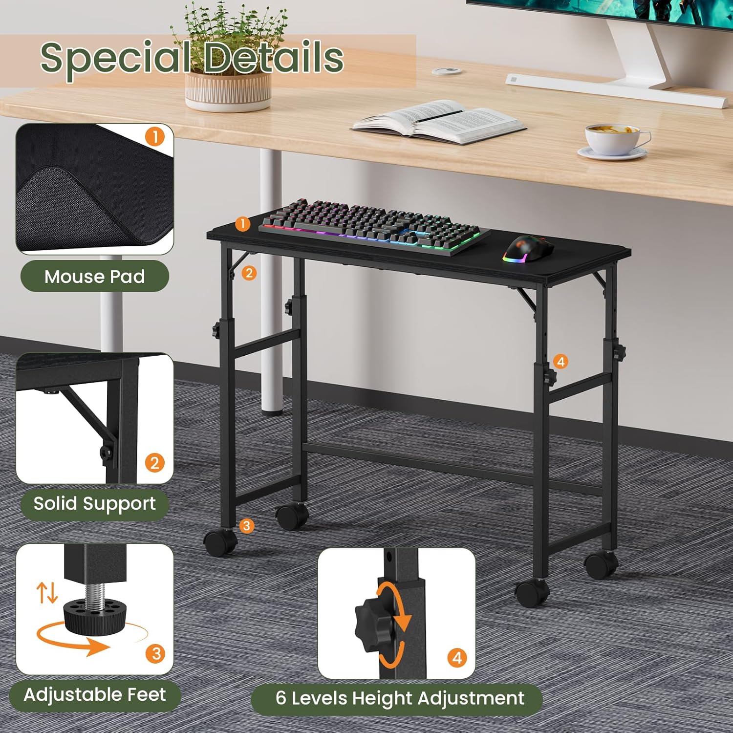 Snughome Mobile Keyboard Tray with Mouse Pad, Height Adjustment 23"-31", Keyboard Standing Desk, Rolling Under-Desk Extender with Lockable Casters, Desk Accessories for Home Office