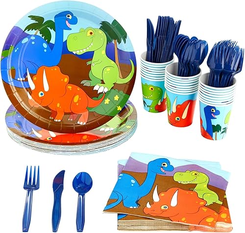 144 piezas de suministros para fiesta de cumpleaños de dinosaurios para niños con platos, cuchillos, cucharas, tenedores, tazas y servilletas (sirve