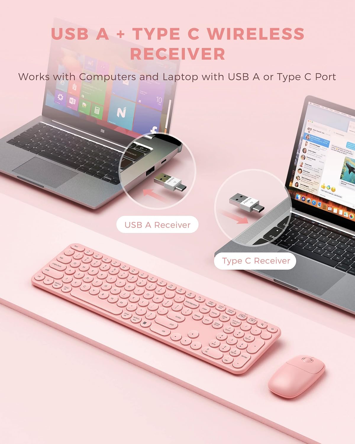 Pink Wireless Keyboard and Mouse, seenda USB/Type C Wireless Keyboard Mouse for Win & Mac, Full Size Cute Pink Keyboard Compatible with MacBook Pro/Air, Windows 7/8/10, Laptop (Pink)