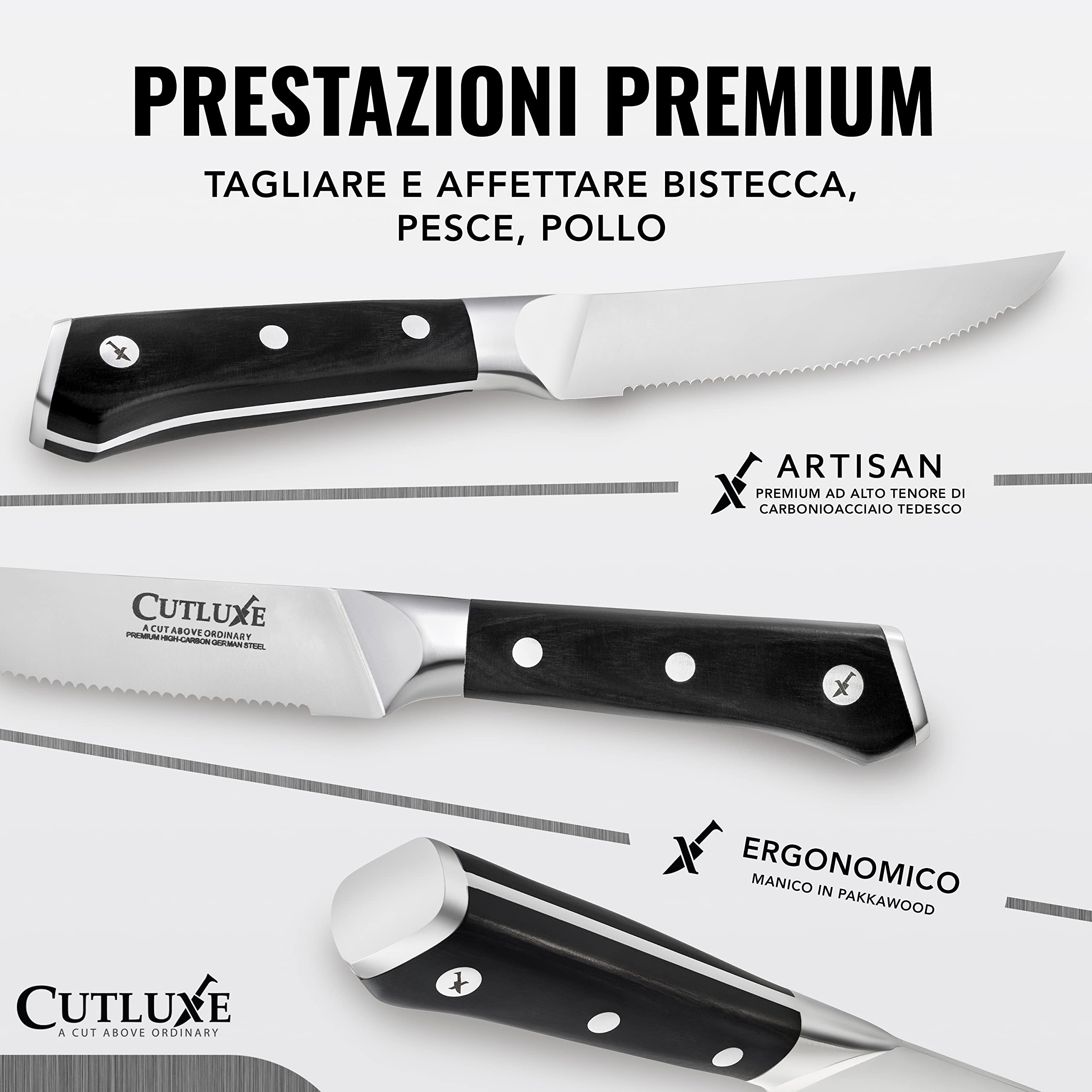 Cutluxe Set Coltelli Da Tavola – Coltelli da Bistecca Seghettati, 6 Pezzi – Coltelli Carne in Acciaio Tedesco al Carbonio, Lama Intera, Manico Ergonomico – Serie Artigianale