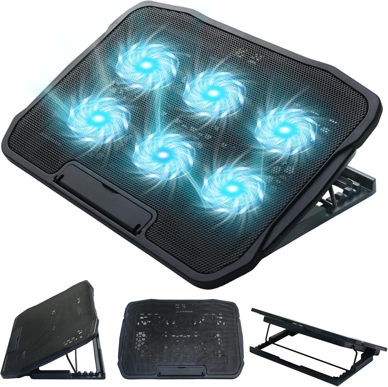 Laptop Cooling Pad, Cooling Fan, Laptop Cooling, Portable Cooler, Laptop Cooling Pad, Cooling Stand, 6 Cooling Fans, 5 Levels of Height Adjustment, Air Flow, High Airflow, Low Noise, 2 USB Ports, Metal Mesh Design, Anti-Slip, LED Strip Light, Compatible with Laptops, Macbooks, Etc. From 9 to 17 inches, Suitable for Offices, Home Work, Business Trips, etc