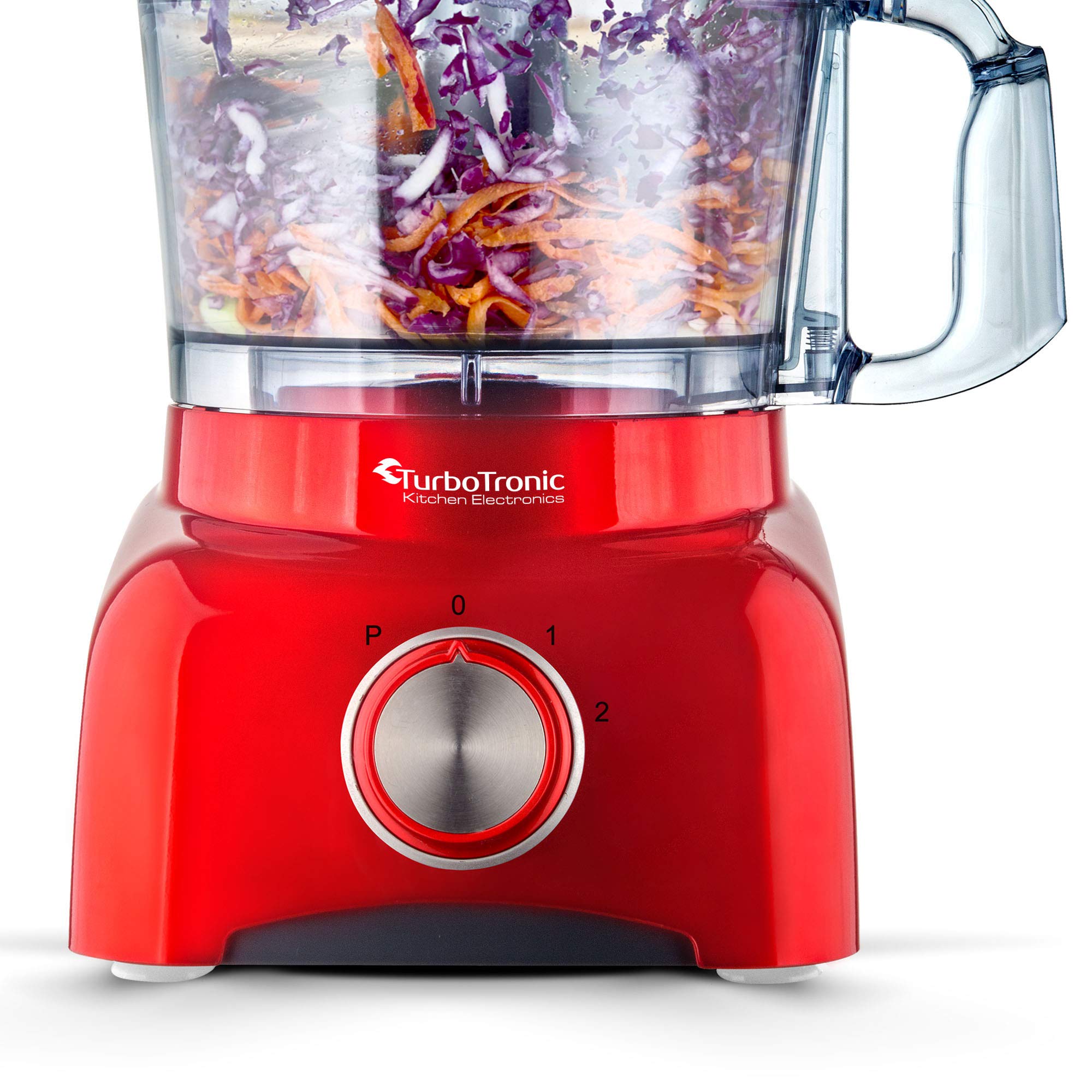 TurboTronic Food Processor 1,2L schwarz, rot, Küchenmaschine mit Mixaufsatz, Raspelscheiben, Zitruspressenaufsatz