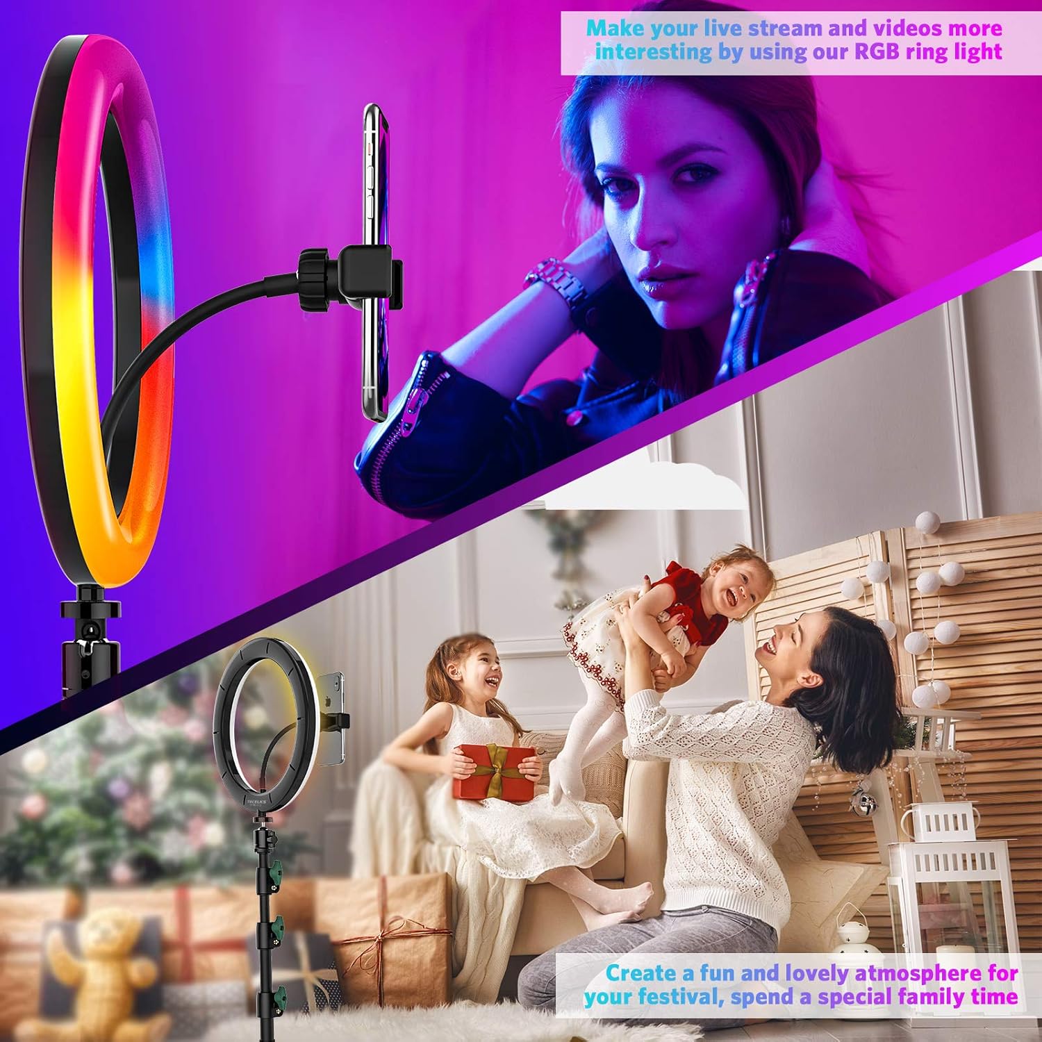 Rеvіеw Prоduсt 10 RGB Ring Light with Stand and Phone Holder, 60-inch Adjustable Tripod, Dimmable Selfie Ring Light with 21 Colors for Makeup/Live Stream/YouTube/Tiktok/Photography, Compatible with iOS/Android