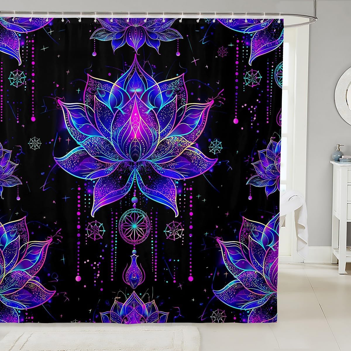 Erosebridal Lotus Shower Curtain Dreamy Mandala Bath Curtain,Boho Floral Shower Curtain Set Exotic Tribal Damask Flowers Artsy Nordic Psychedelic Bohemian Decor,Teal Purple 72" Wx84 L