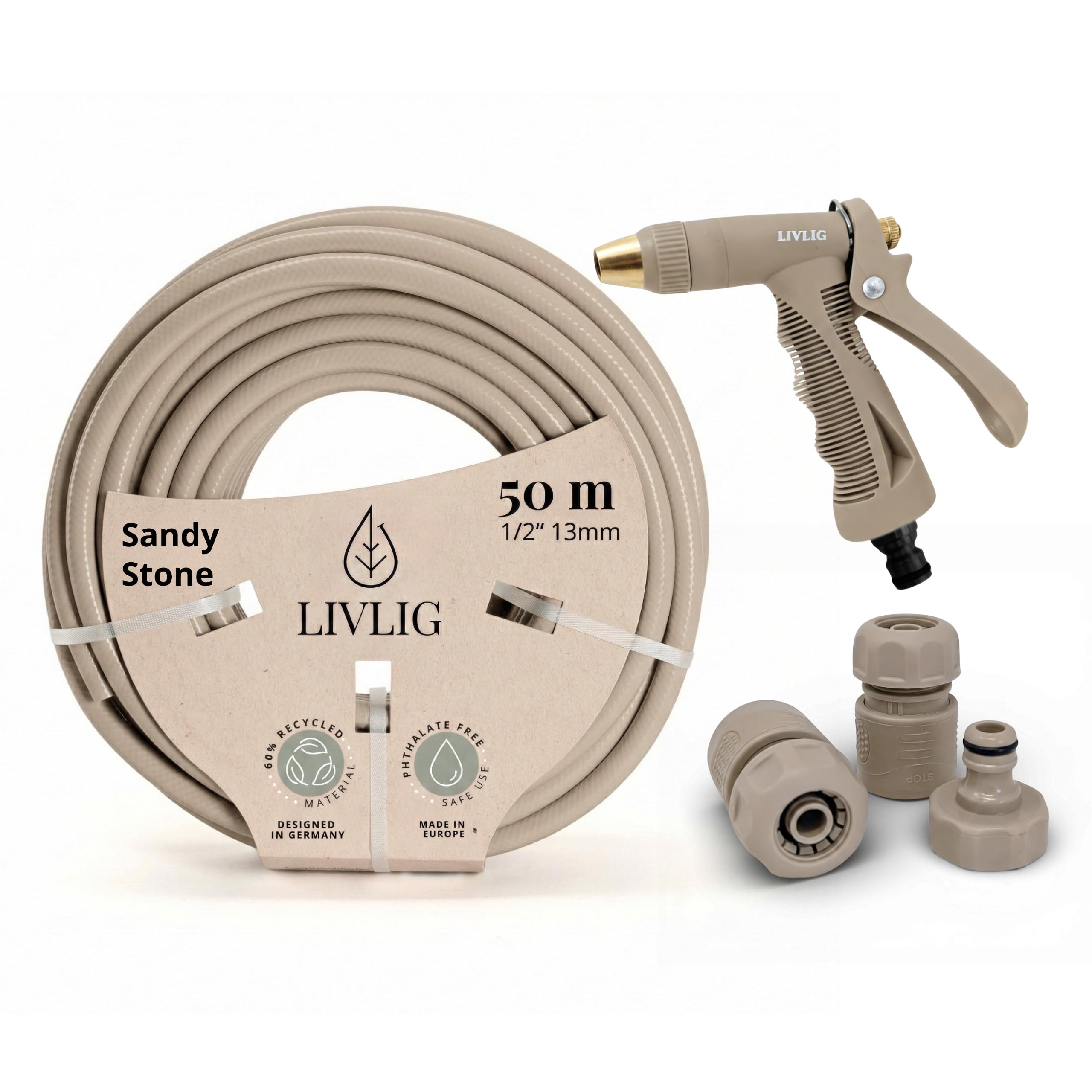 LIVLIG Set tubo 50 m 1/2" – tubo anti‑piegatura e UV con pistola e raccordi (G3/4, stop 1/2, rapido) – Beige
