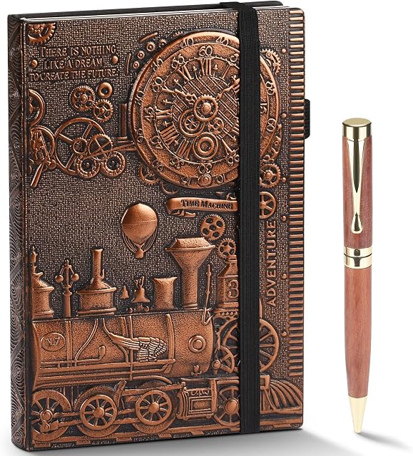 Leather Writing Journal Vintage Notebook with Pen, Embossed Train Daily Notepad Diary with Lined Page, Cool Journal Gift for Women Men to Write in,200pages 8.3 x 5.8in (A5 Red Bronze)