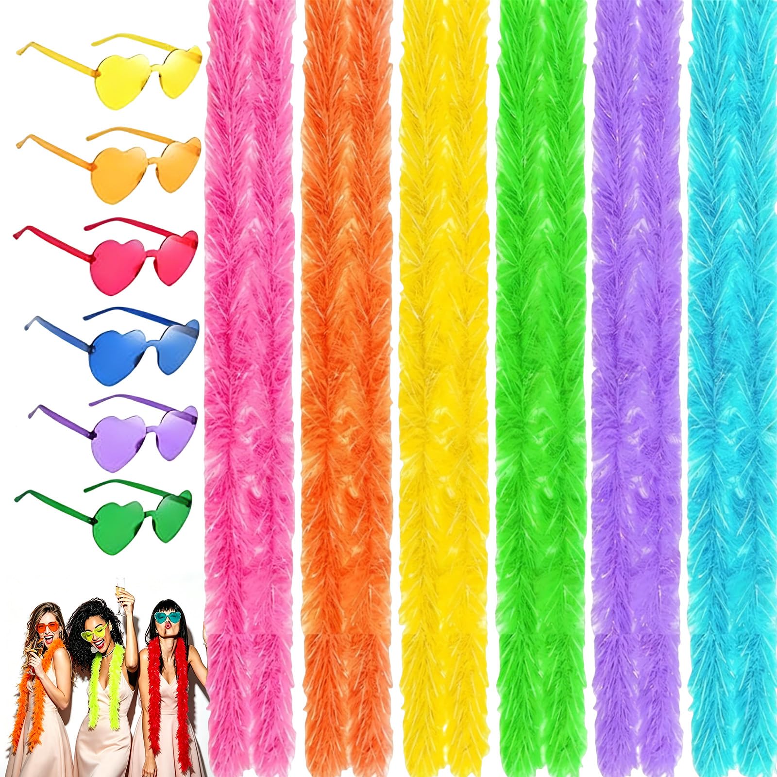 12 PCS Feather Boa Set, Artificial Fluffy Boas Decoration, Feather Boas With Heart-Shaped Frameless Sunglasses, Fancy Costume for Girls, Dress up Dancing, Halloween, Christmas, Hen Party Decor