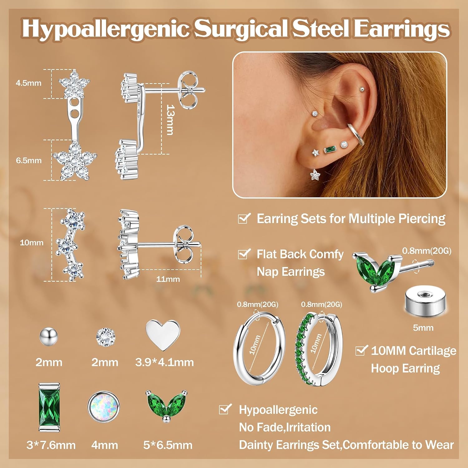 THUNARAZ 14K Gold Flat Back Earrings Hypoallergenic Stud Earrings for Women Surgical Steel Earring Studs Screw Back Cartilage Earrings Sets for Multiple Piercing Hoop Earrings for Sensitive Ears 20G thumbnail