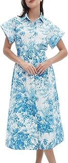 Women Button Down Shirt Dress V-Neck Floral Printed Short Sleeves Mid Sh...