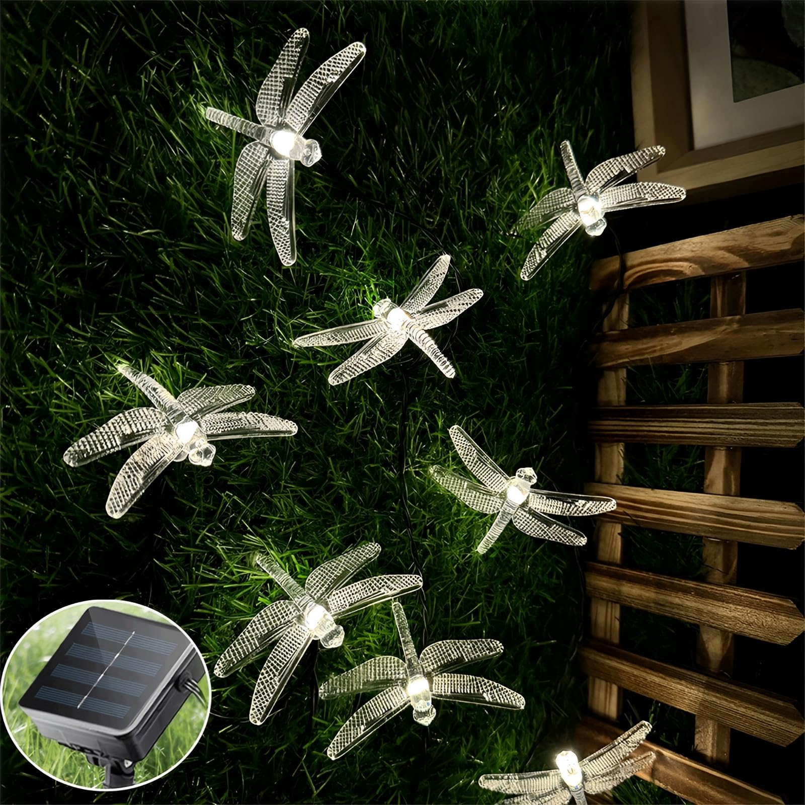 FANSU Dragonfly Shape LED Garden Lights, 8 Modes Indoor/Outdoor Solar String Lights, Solar Lights Outdoor Garden, for Patio Yard Home Christmas Parties Wedding Decorations (White,6.5M/30LED)