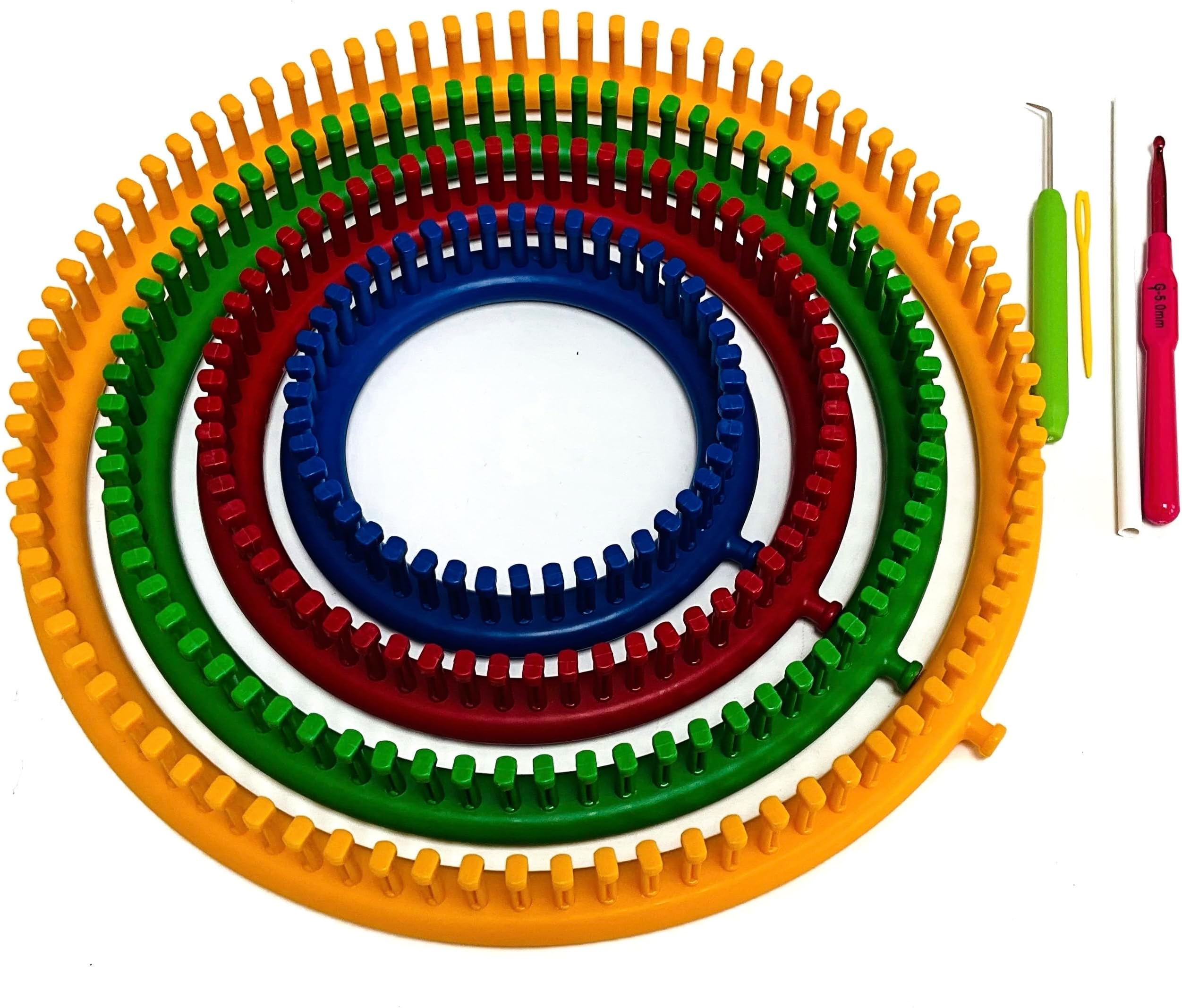 KnitUK Round Knitting Loom Set of 4 Looms with All pegs Fitted. Medium Gauge Configuration.