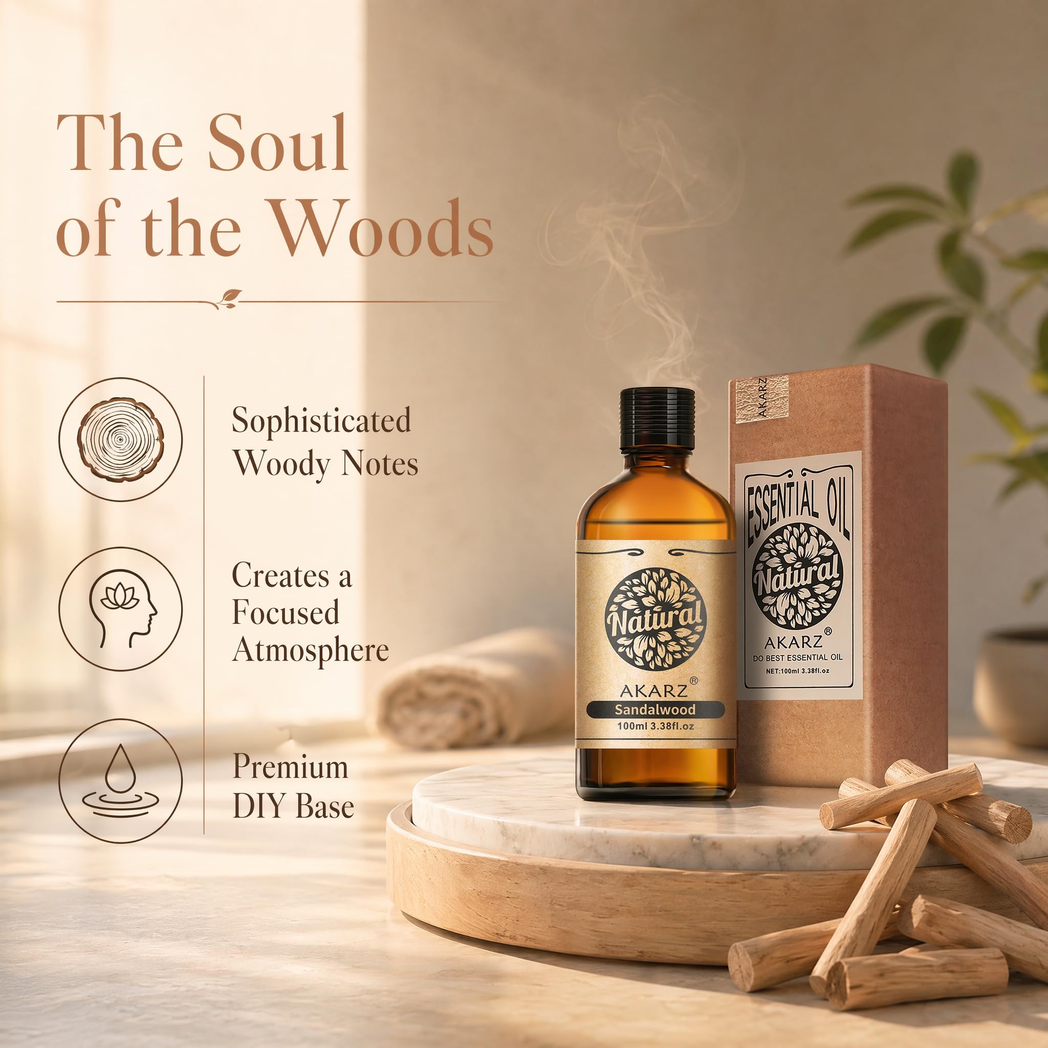 AKARZ 100ml Olejek esencjny z Sandalu - Naturalny olejek aromatyczny do dyfuzorów, lamp aromatycznych i aromatów pomieszczeń