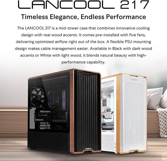 Lian Li LANCOOL 217 ATX Mid-Tower PC Case, 5 PWM Fans, Black Walnut Wood