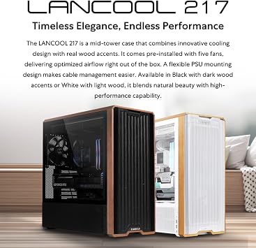 Lian Li LANCOOL 217 ATX Mid-Tower PC Case, 5 PWM Fans, Black Walnut Wood