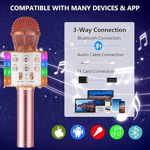 Miniatura 5 de Micrófono de karaoke para niños, inalámbrico Bluetooth portátil de mano, micrófono de karaoke para cantar, con luces LED, regalo para niñas, niños y