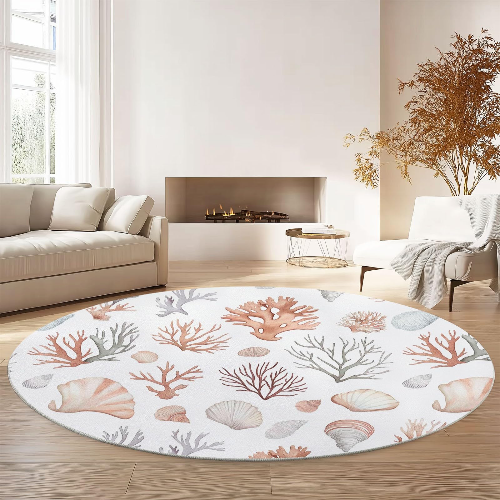 Okrągłe dywany do salonu, naturalnie muszle, zmywalne, do sypialni, antypoślizgowy dywan do jadalni, miękki dywan podłogowy z niskim runem do dekoracji domu, 120 cm, różowy koralowy muszla