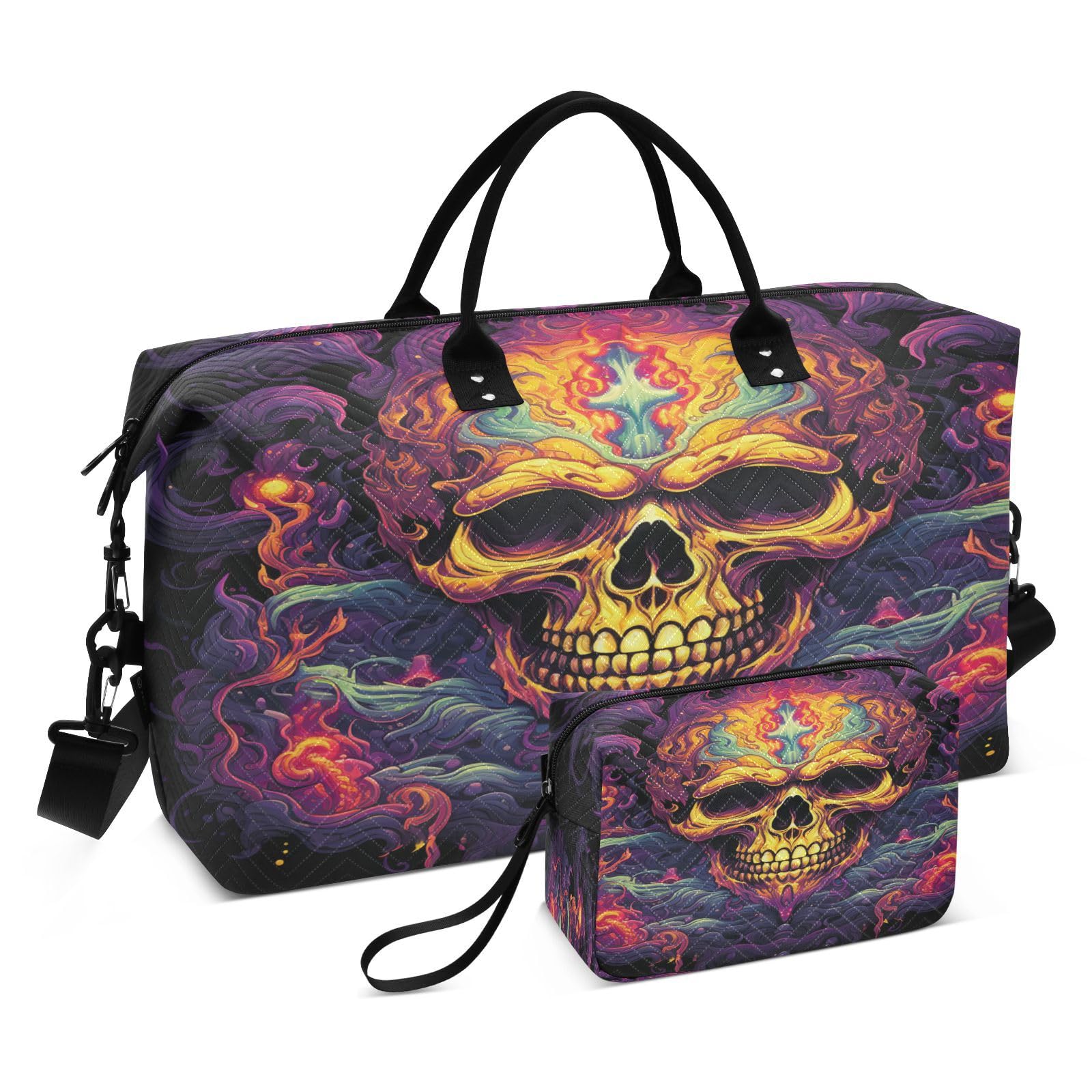 Cool Fired Skull Flames Sports Swim Gym Bag Weekender Duffel Travel Bags Handbag with Makeup Storage Bag for Girls Men