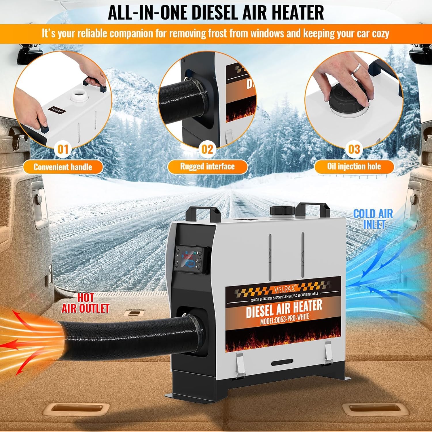 VELPAX Calentador Diésel Portátil Todo en Uno 12 V 24V 220V 8KW,Calentador de Aire Diesel 0,16-0,52 L/h LCD de control remoto,adecuado para automóviles, camiones, barcos