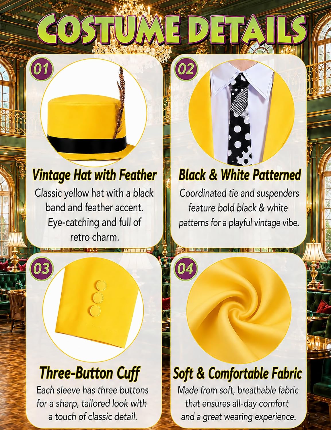 Yellow Suit Costume 6Pcs Mask Men Adults Halloween Tuxedo Outfit Cosplay