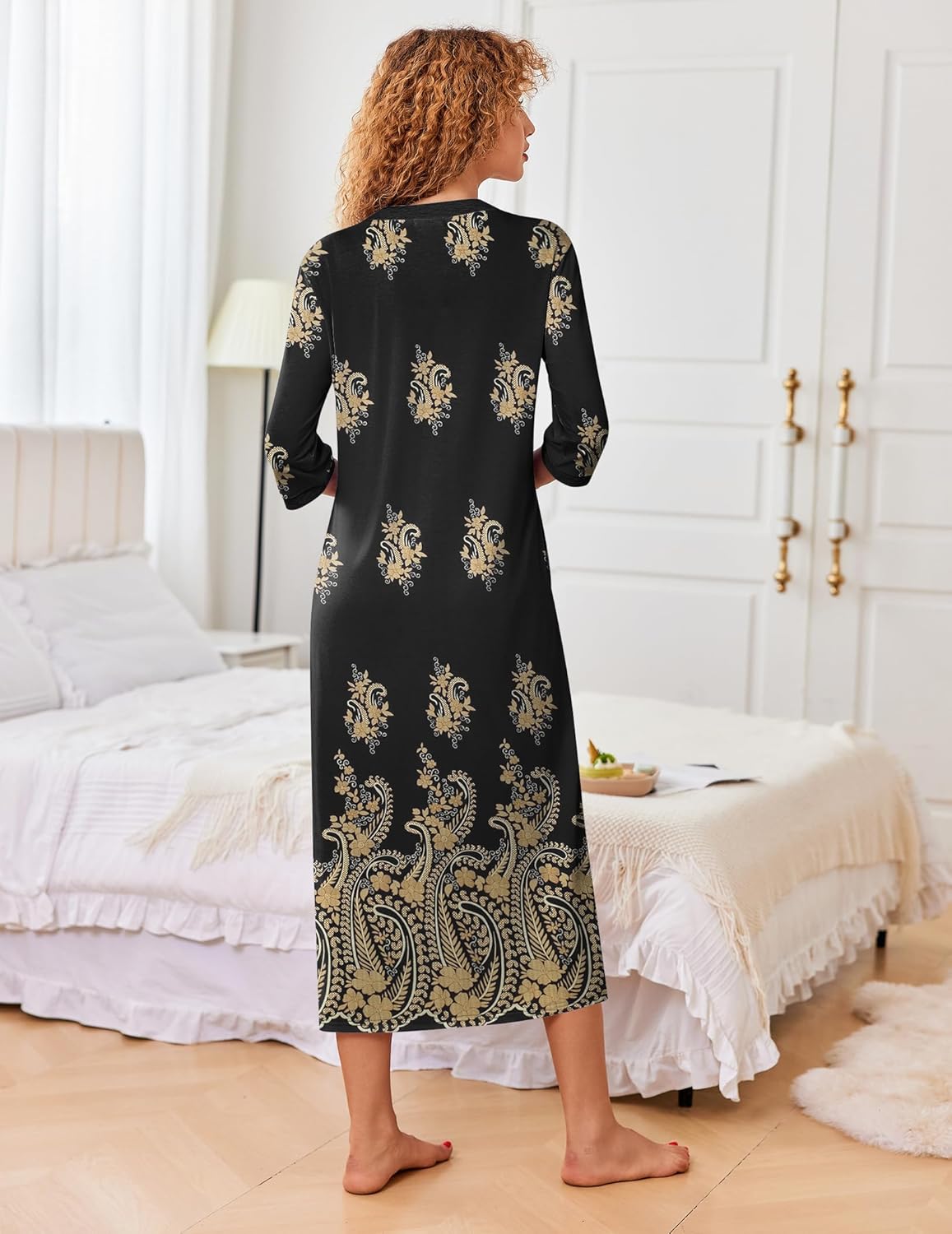 Ekouaer Women's Zipper Robe 3/4 Sleeves Housecoat Full Length Nightgown Soft Loungewear Robe with Pockets S-3XL - Image 4