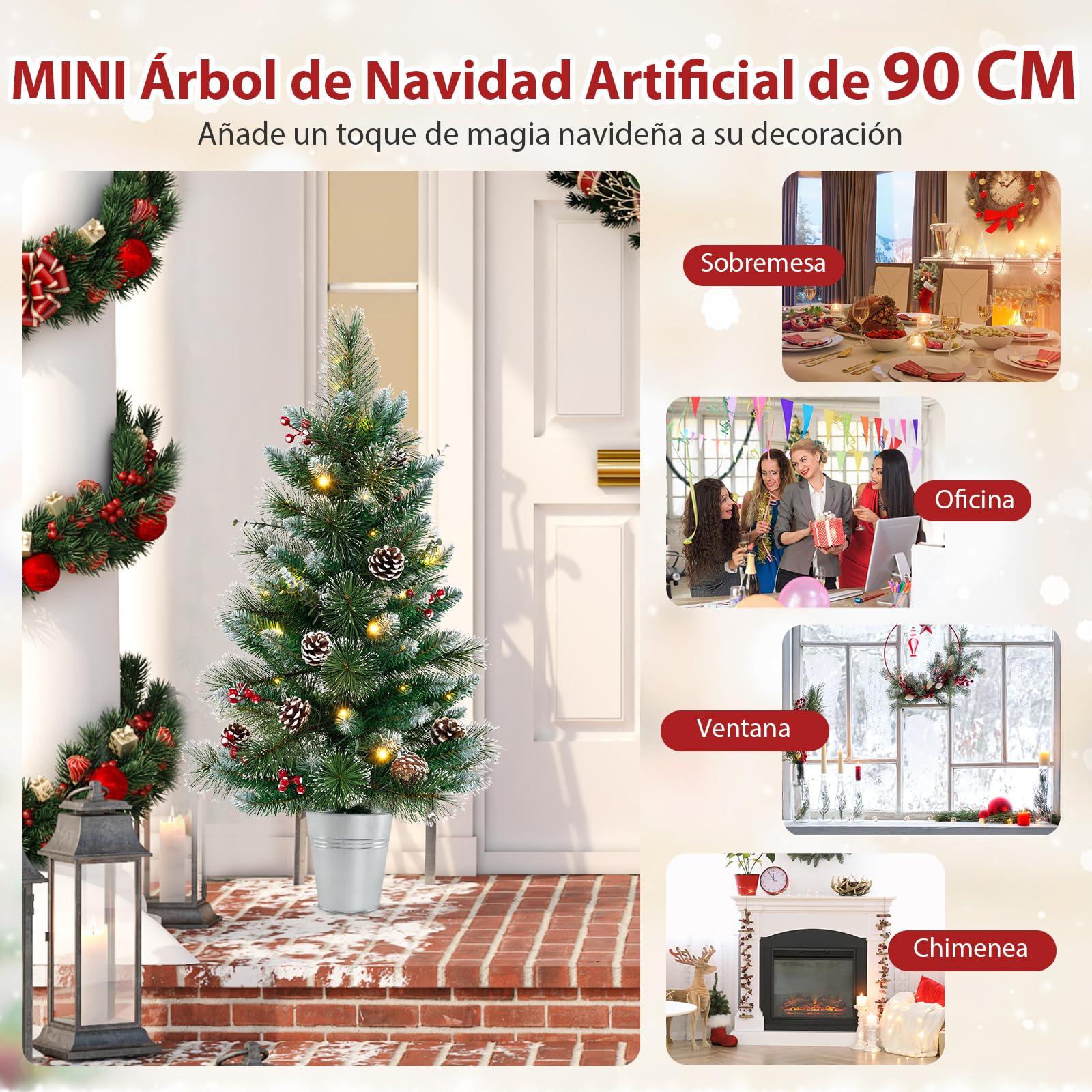 COSTWAY Mini Árbol de Navidad con Luces 90cm, 20 Luces Blancas Cálidas, 8 Modos, Temporizador, 81 Puntas de PVC y Pino, 5 Piñas y 8 Bayas Rojos, Árbol de Navidad Nevado Pequeño de Mesa/Escritorio