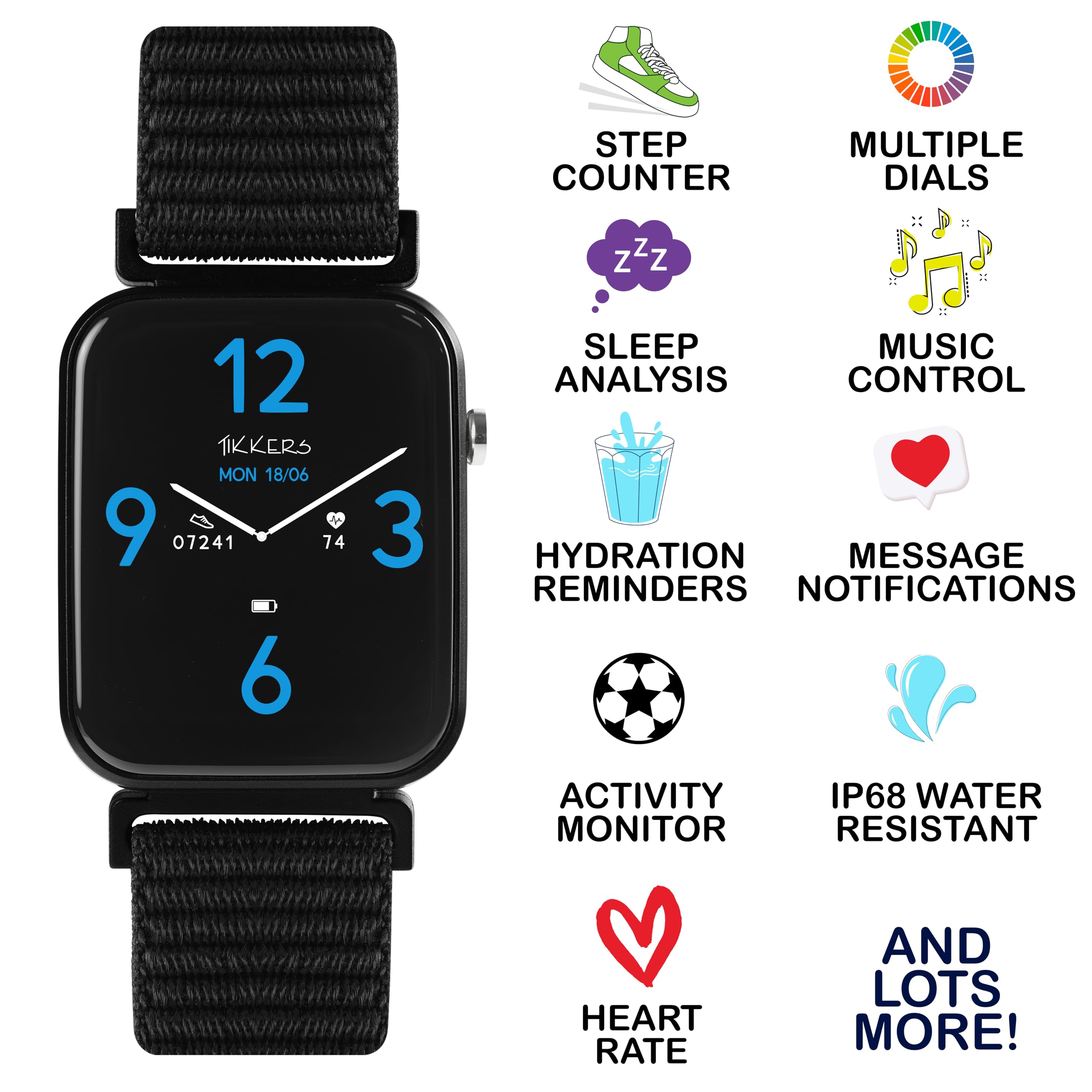 Tikkers Smart Series 13 - Czarny pasek z tkaniny Easy Release Smart Watch i zestaw słuchawkowy TKS13-0033-SET