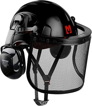 Chainsaw Safety Helmet, Protective Helmet with Earmuffs and Mesh Visor, 53 to 63 cm Adjustable Headband Suitable for Forestry, Construction, Work