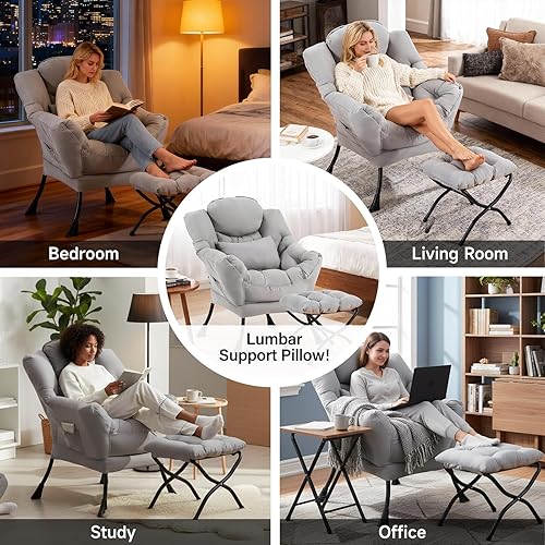Miniatura 6 de Silla Lazy con otomana, moderna silla decorativa con almohada lumbar, sillas cómodas con reposapiés plegable para dormitorio, lectura, sillas de