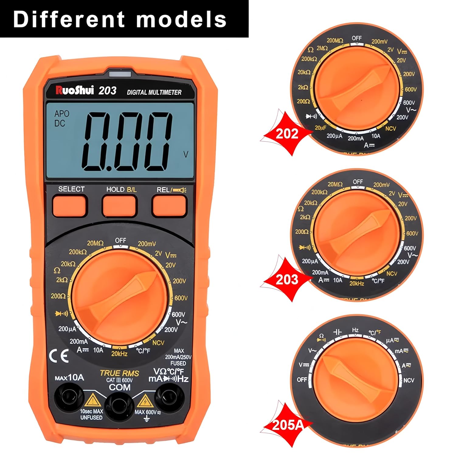 201/202/203/205A Digital Multi-meter AC/DC Voltage Current Resistance Digital Universal Meter Burn-proof Pocket Multi-meter(RUOSHUI 205A)