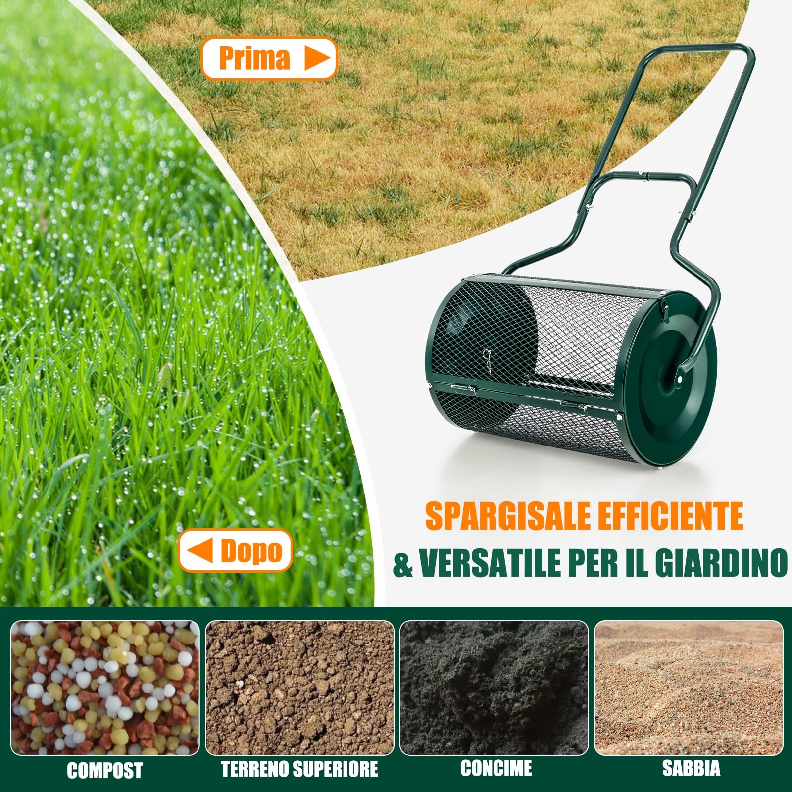 GYMAX Spandiconcime da 68 cm per la Cura del Giardino, Robusto e Leggero, in Metallo, con Doppie Serrature Laterali, Rullo Spargitore Fertilizzanti, Concime, Torba, Terreno, Muschio (Verde)